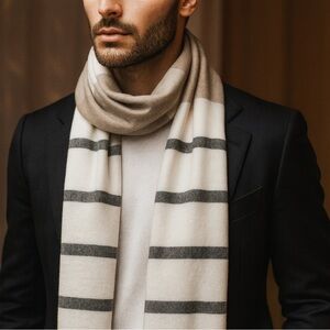 Express Men’s Elegant Striped Acrylic Scarf in Cream and Gray with Fringe